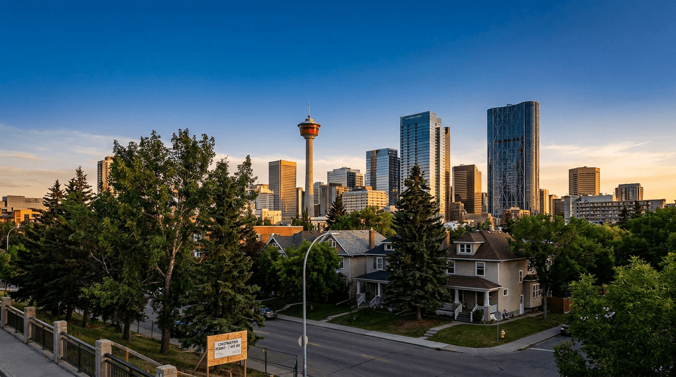 Calgary city hall building with construction site context